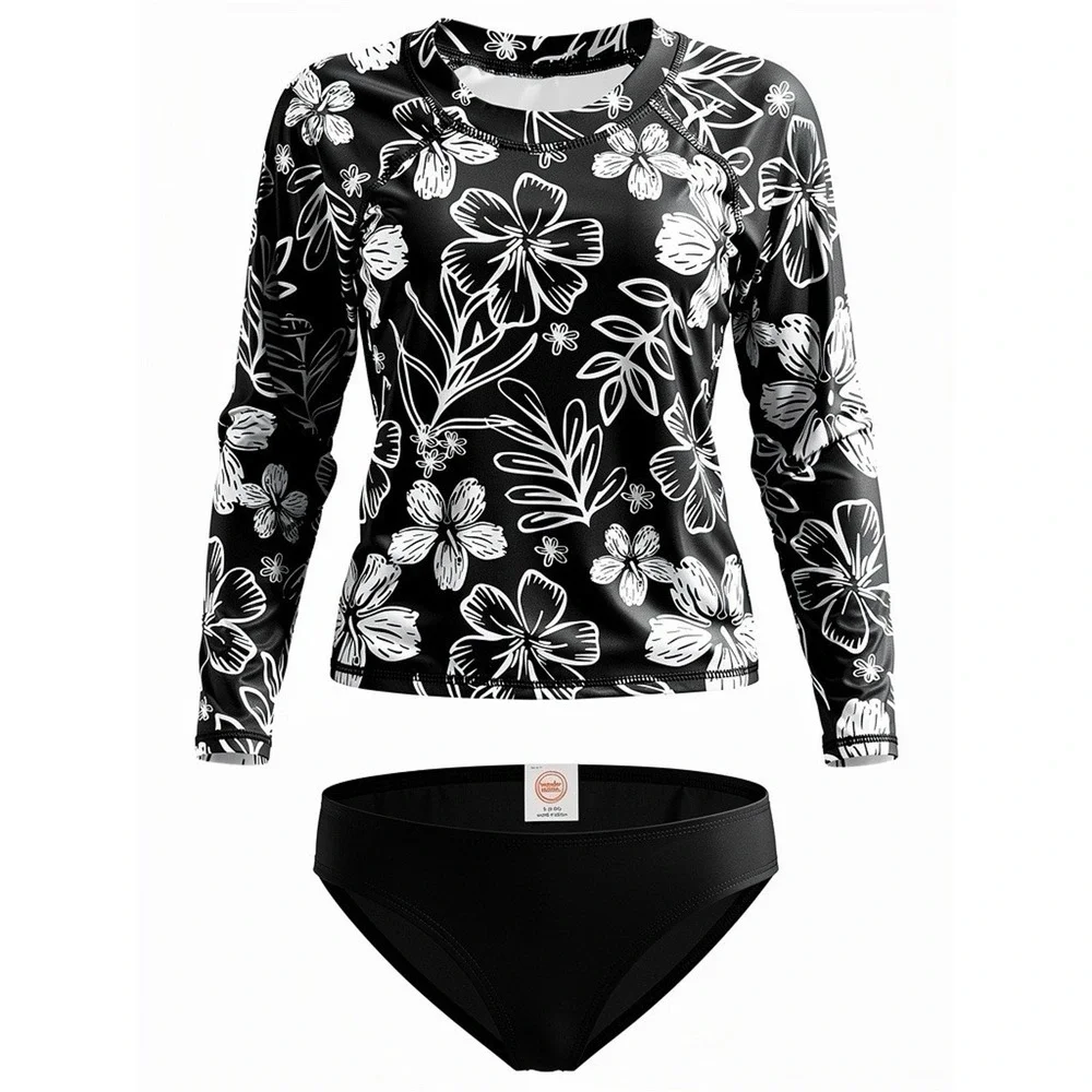 NEW Wonder Nation Girls Rash Guard Swimsuit 2-Piece Black Floral Size 6/6X
